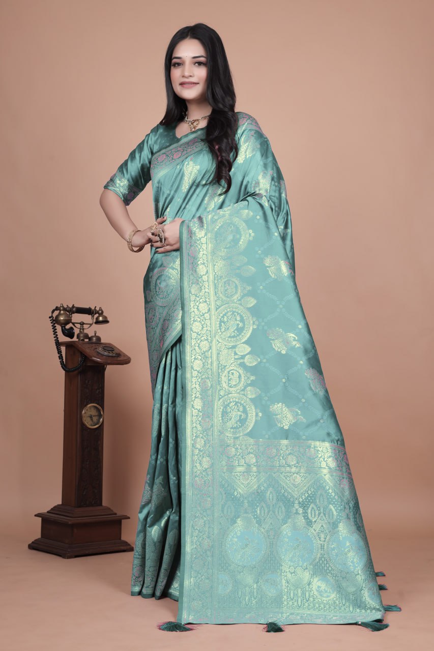 Teal Banarasi Silk Saree with Golden Zari Weaving