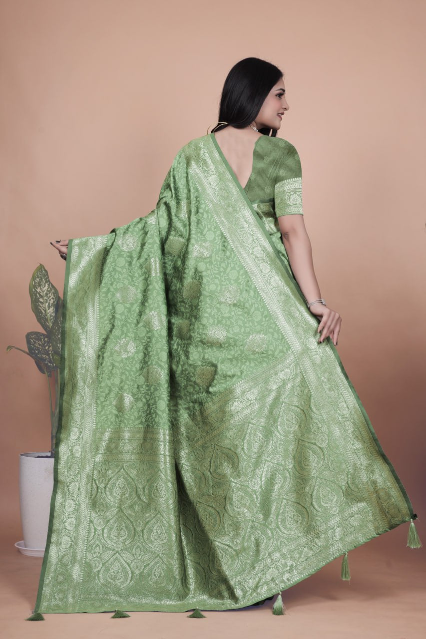 Pista Green Banarasi Silk Saree with Silver Zari Butti and Ornate Pallu