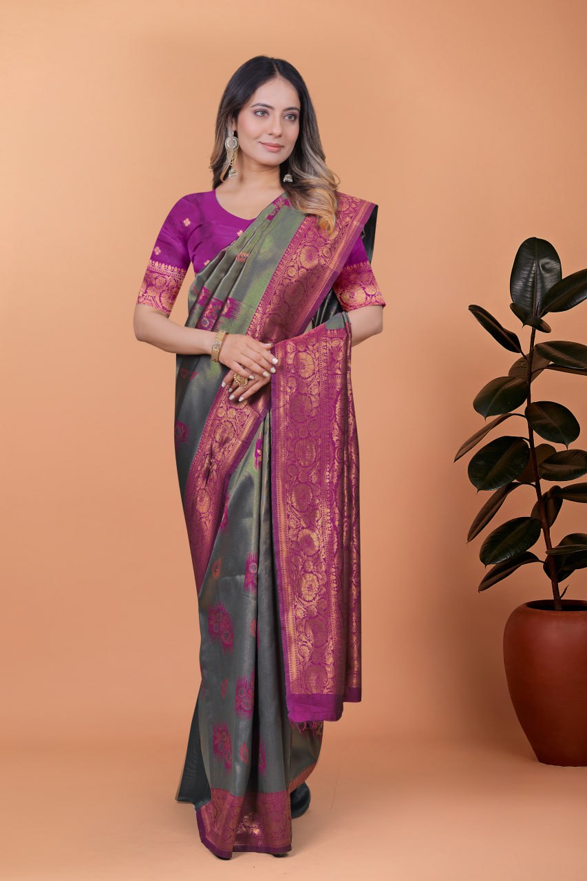 Graceful Banarasi Silk Saree in Grey-Green with Magenta Zari Border & Blouse Piece