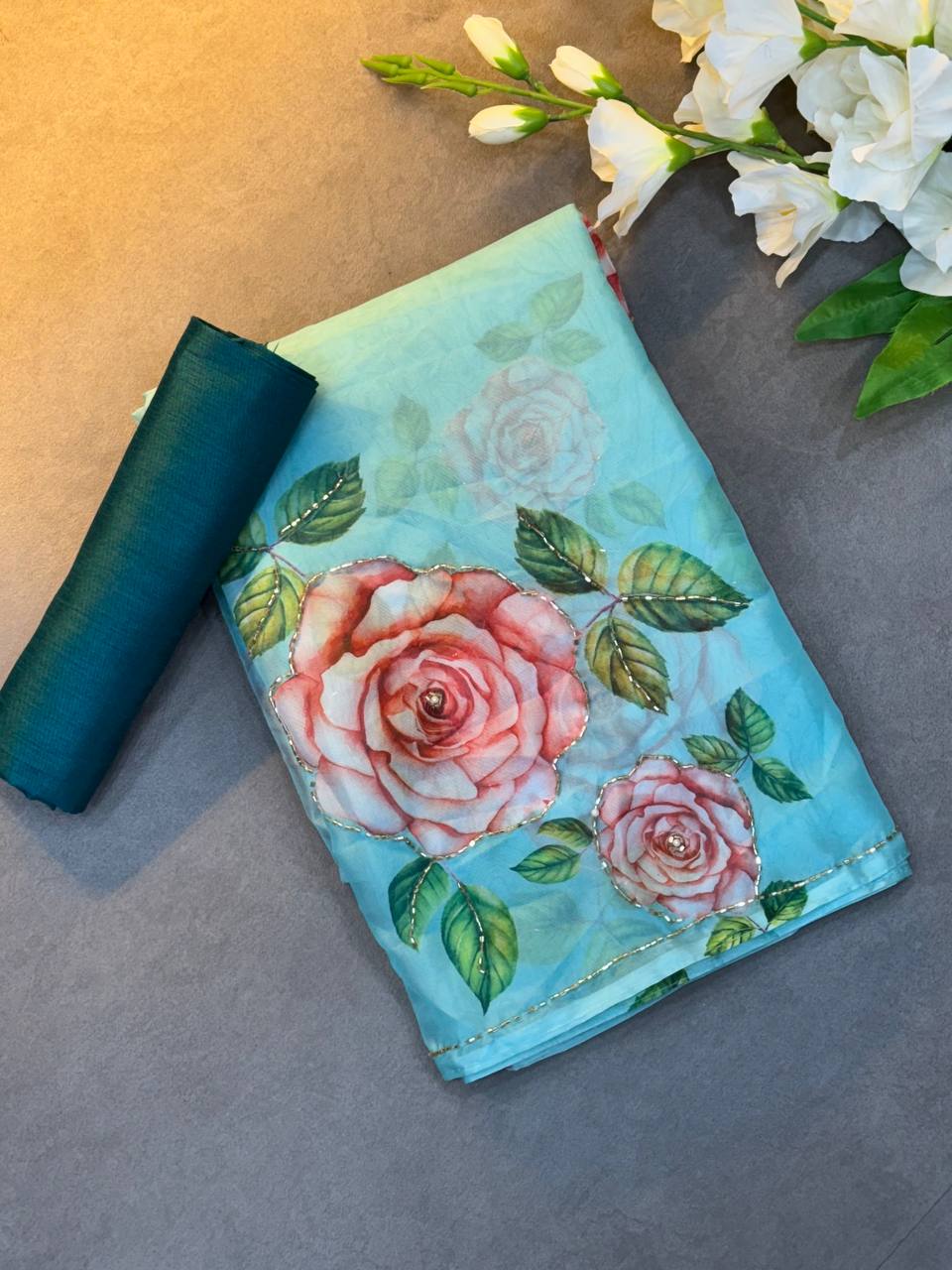 FLOWER HANDWORK CUT DANA ROSE SOFT TABI ORGANZA HANDWORK SAREE