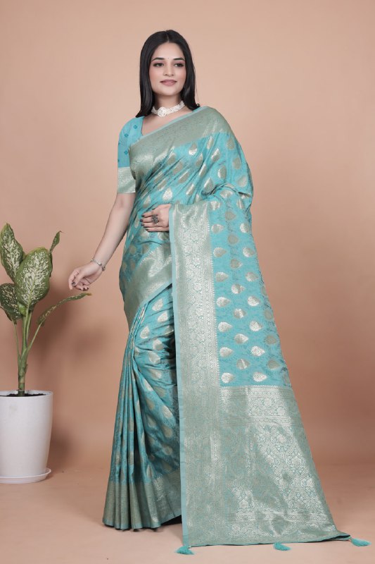 Sky Blue Banarasi Silk Saree with Silver Zari Butti and Ornate Pallu