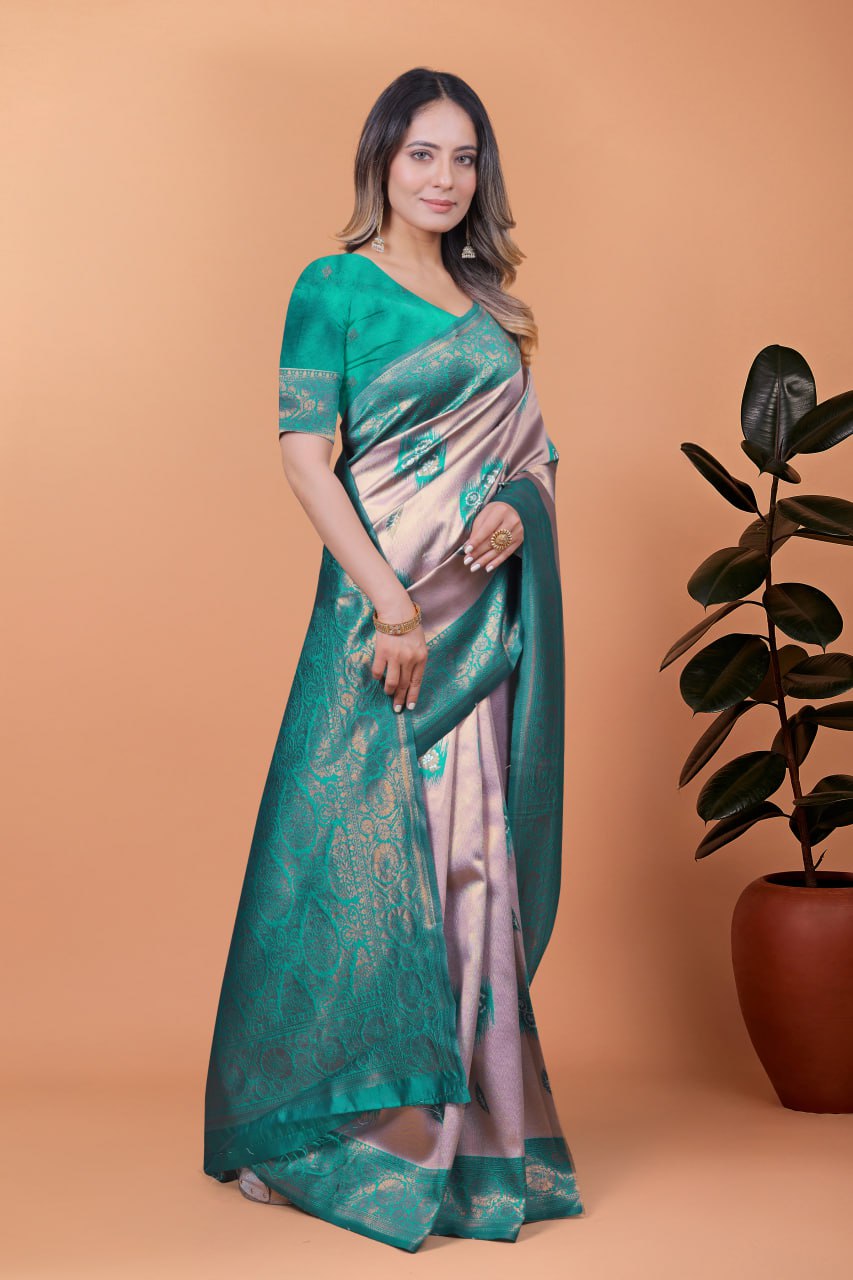 Light Lavender & Teal Green Banarasi Silk Saree with Zari Detailing