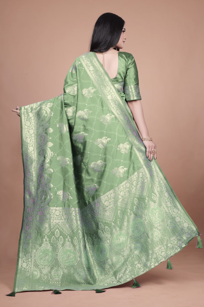 Mint Green Banarasi Silk Saree with Golden Zari Weaving