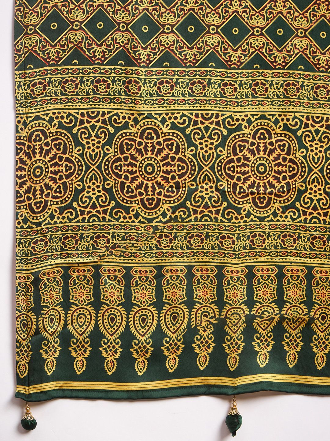 Elegant Handcrafted Gajji Silk Saree in Deep Green with Mustard Ajrakh Print