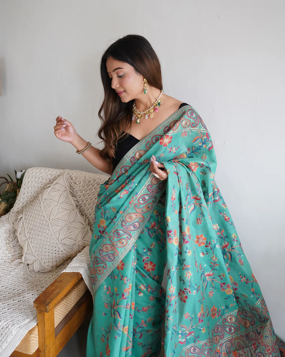 KASHMIRI PASHMINA COTTON KACHHI WORK MULTI THRADE SAREE