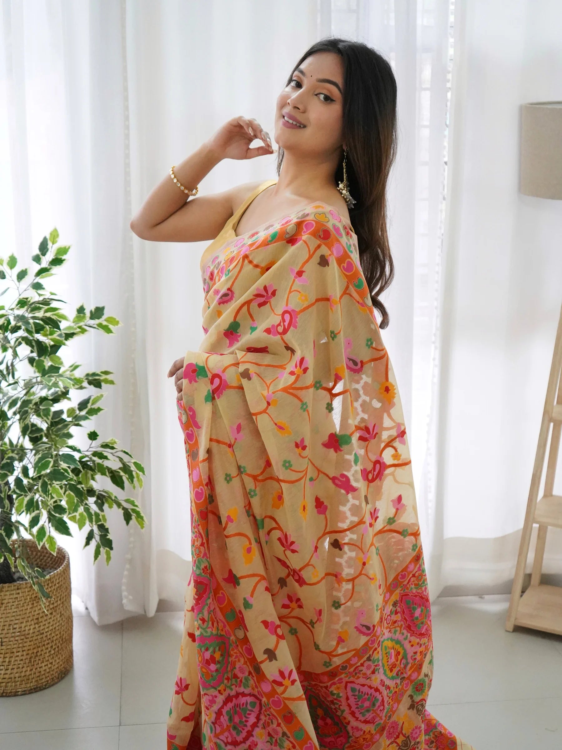 KASHMIRI PASHMINA COTTON KACHHI WORK MULTI THRADE SAREE