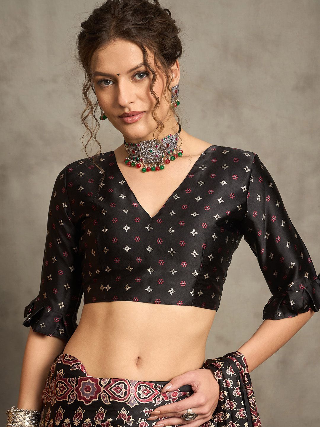 Black Gajji Silk Saree with Traditional Red & Beige Ajrakh Patterns and Tassel Detailing