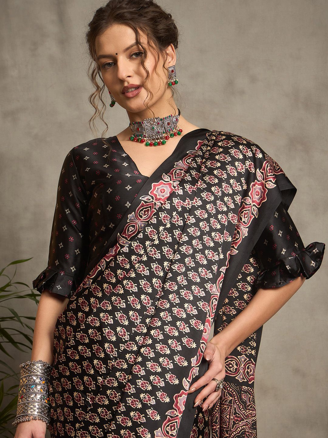 Black Gajji Silk Saree with Traditional Red & Beige Ajrakh Patterns and Tassel Detailing