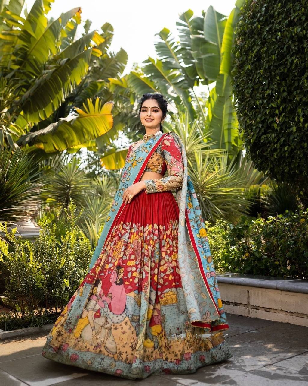 Elegant kalmakari lehenga , light shades to complement to create beautiful aura in all function