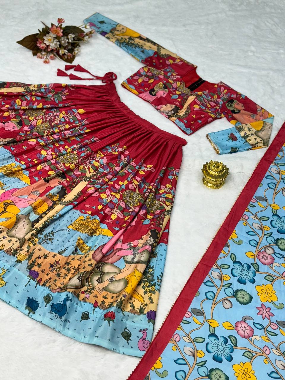 Elegant kalmakari lehenga , light shades to complement to create beautiful aura in all function