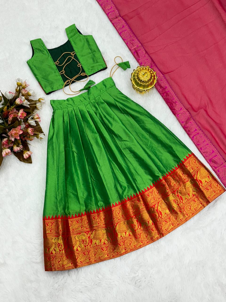 KIDS HALF SAREE LEHENGA - PERROT & PINK