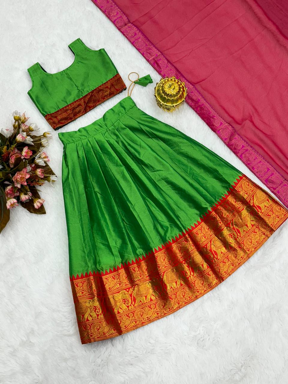 KIDS HALF SAREE LEHENGA - PERROT & PINK
