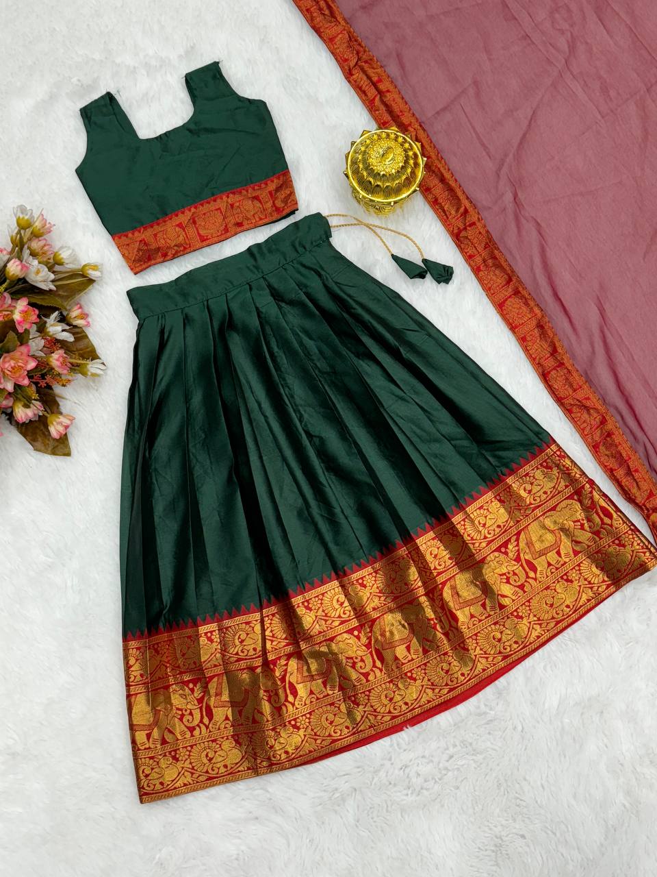 KIDS HALF SAREE LEHENGA - DARK GREEN & BROWN
