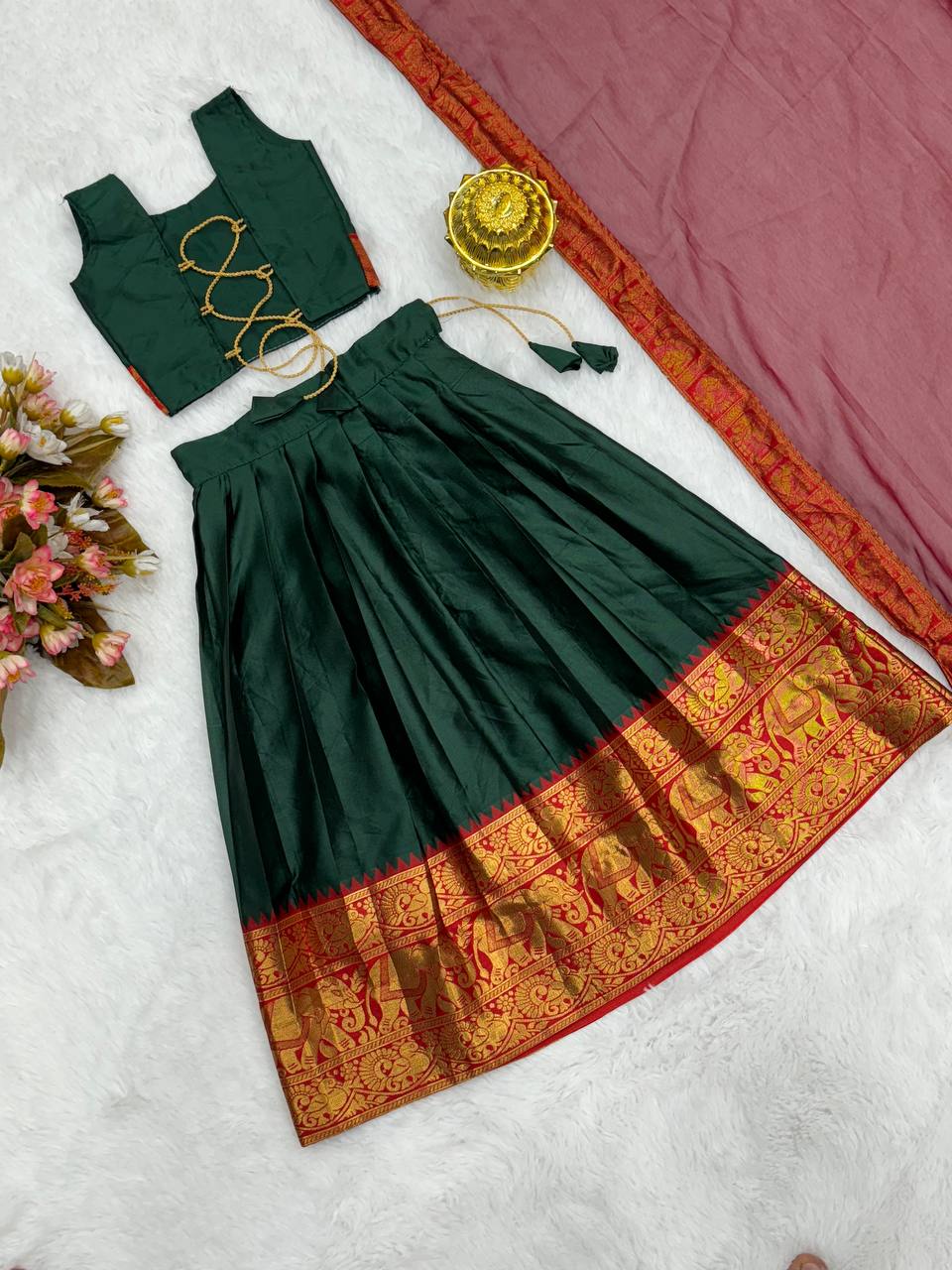 KIDS HALF SAREE LEHENGA - DARK GREEN & BROWN