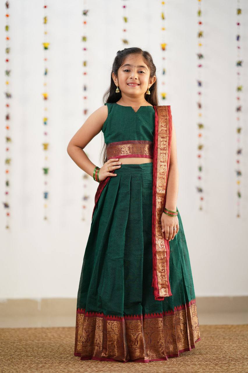 KIDS HALF SAREE LEHENGA - DARK GREEN & BROWN