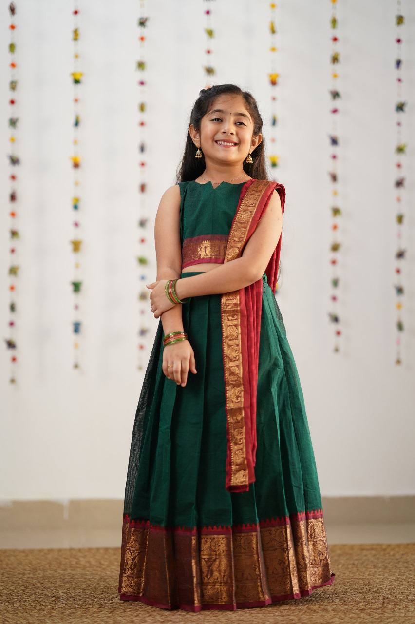 KIDS HALF SAREE LEHENGA - DARK GREEN & BROWN