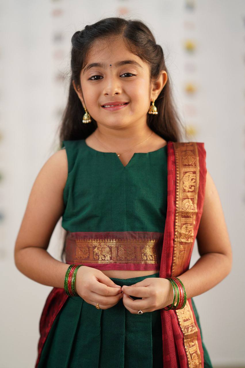 KIDS HALF SAREE LEHENGA - DARK GREEN & BROWN