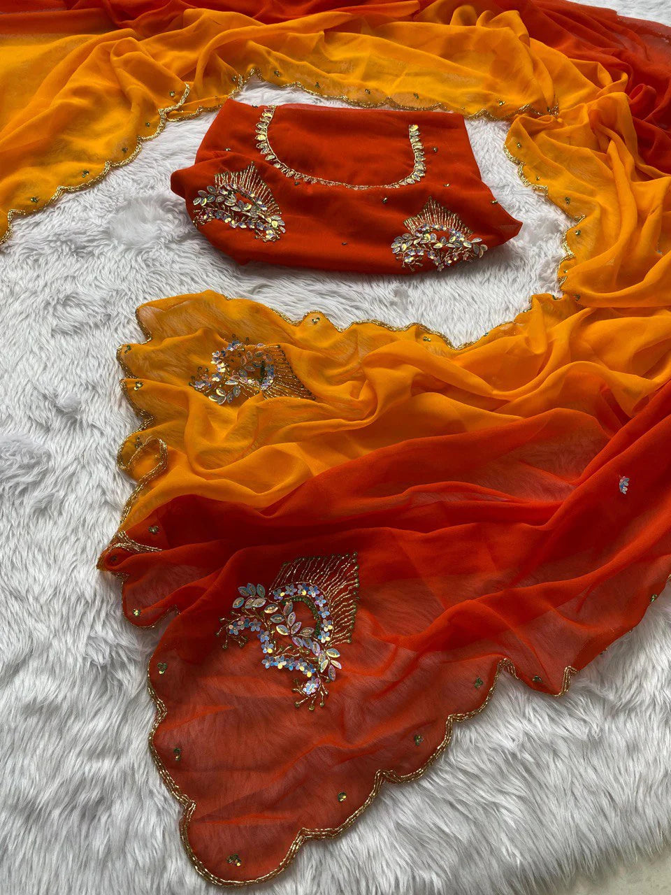 Elegant Sunset-Gradient Saree in Organza Fabric