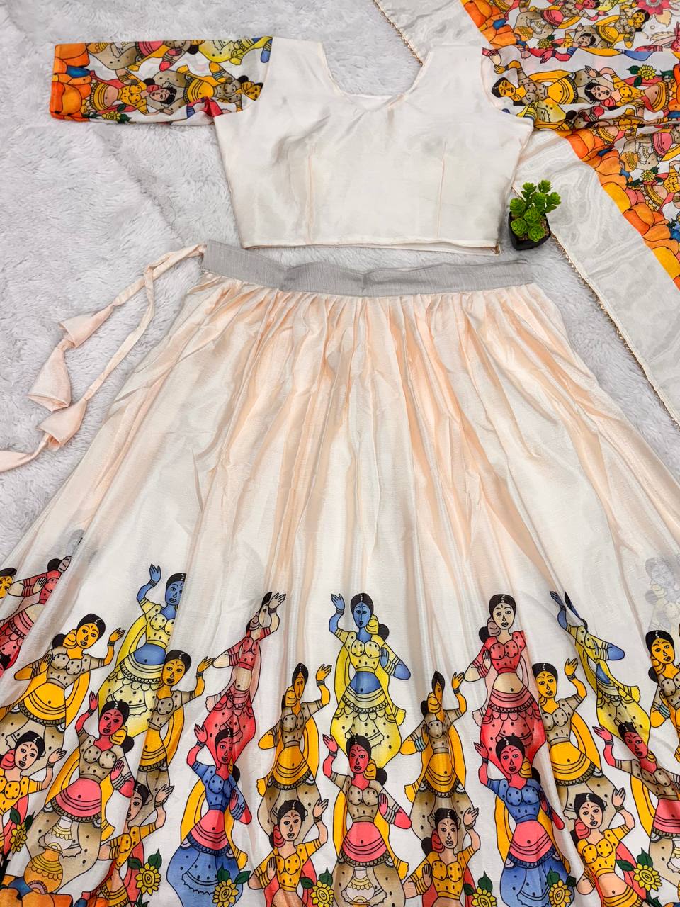 White Lehenga with Kalamkari Art Print – Perfect for Festive Style