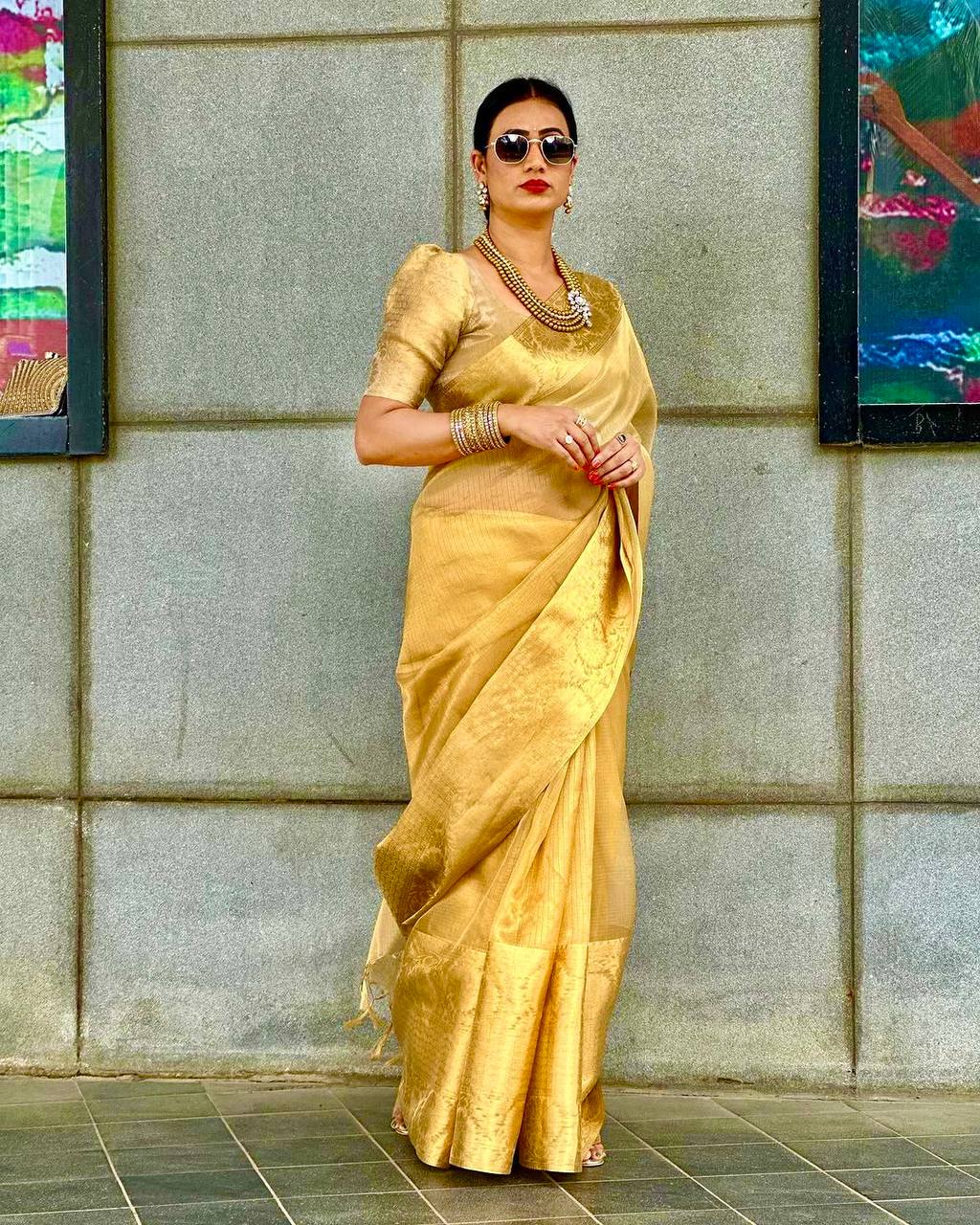 Elegant Golden Silk Saree for Women | Designer Banarasi Silk Saree for Wedding & Festive Wear