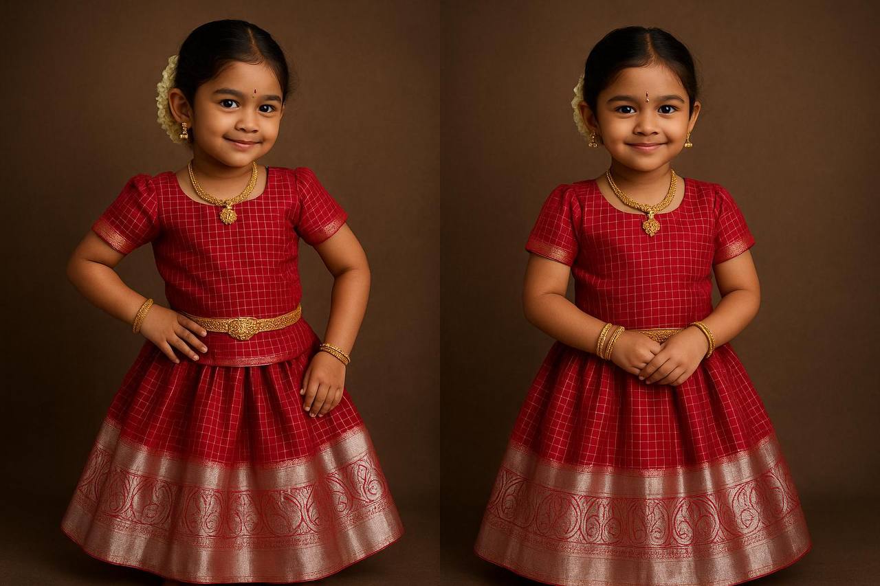 Little Princess Red Checked Silk Pattu Langa