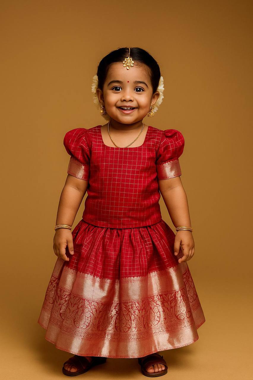 Little Princess Red Checked Silk Pattu Langa