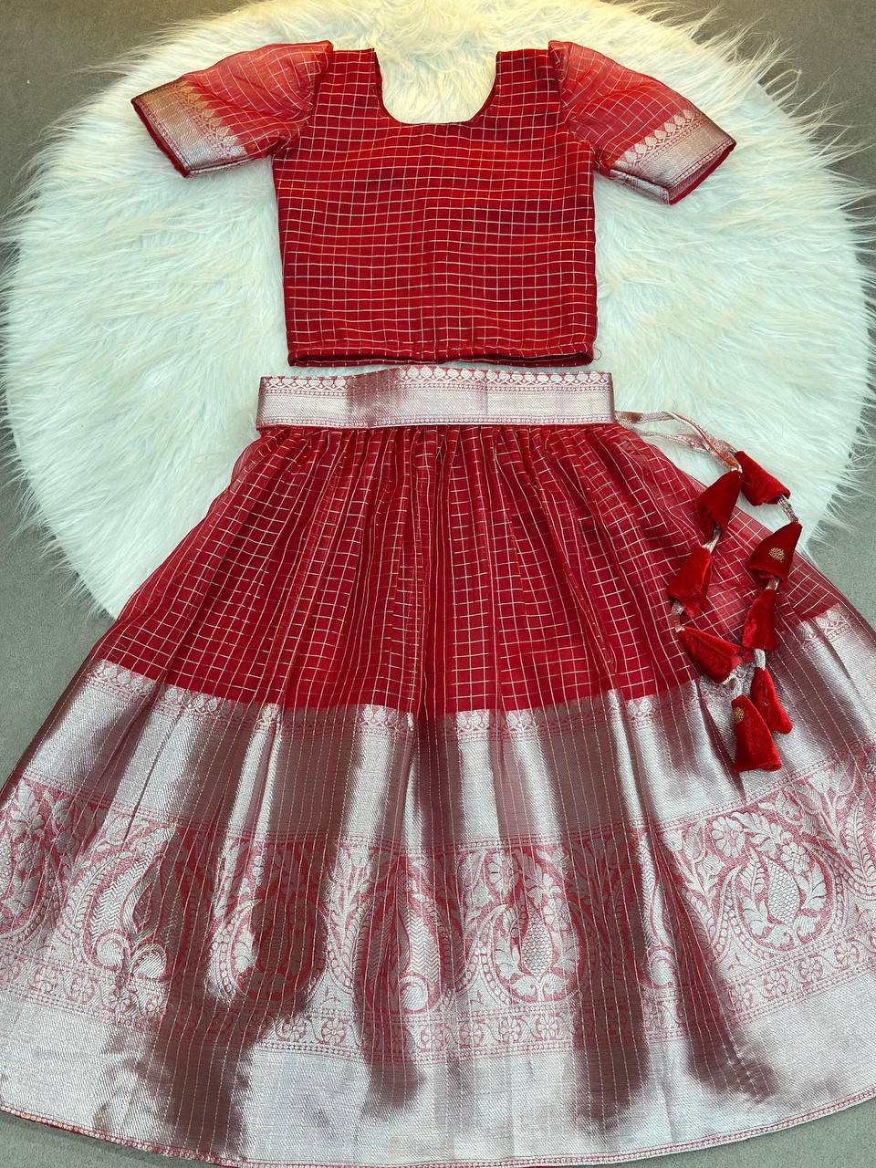 Little Princess Red Checked Silk Pattu Langa