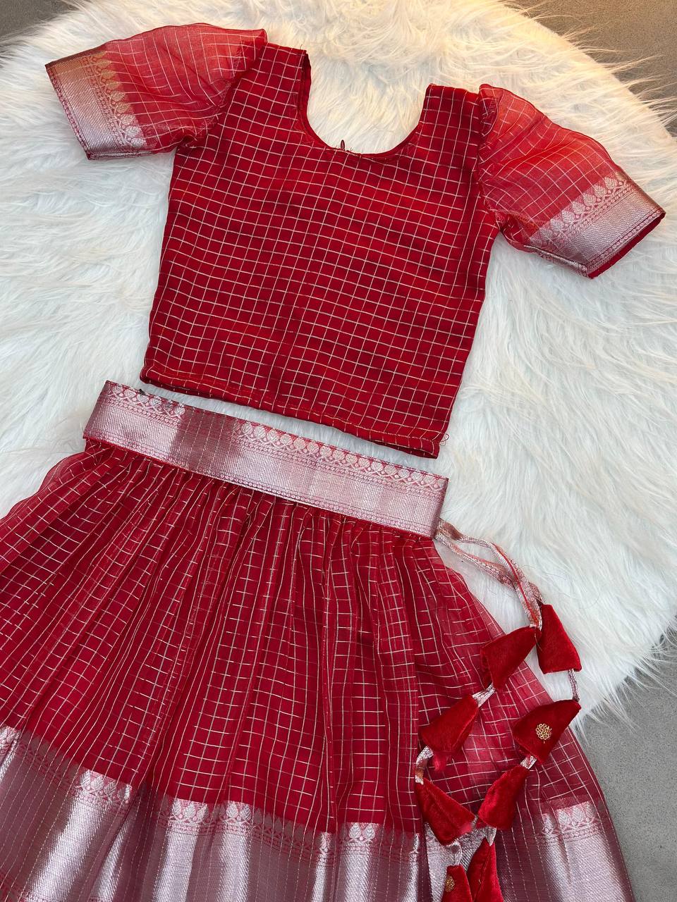 Little Princess Red Checked Silk Pattu Langa