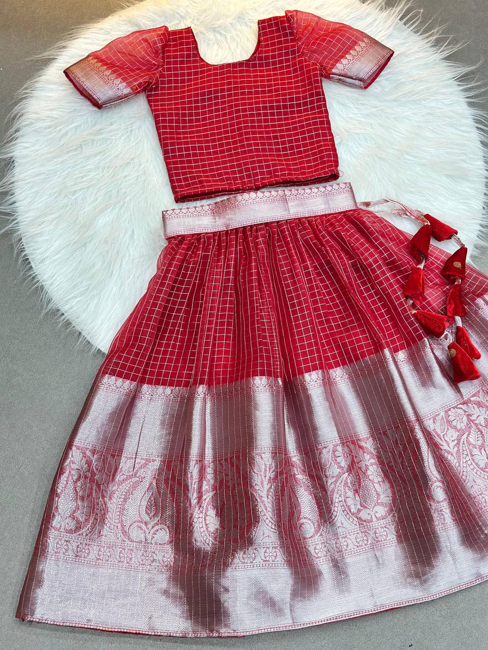 Little Princess Red Checked Silk Pattu Langa
