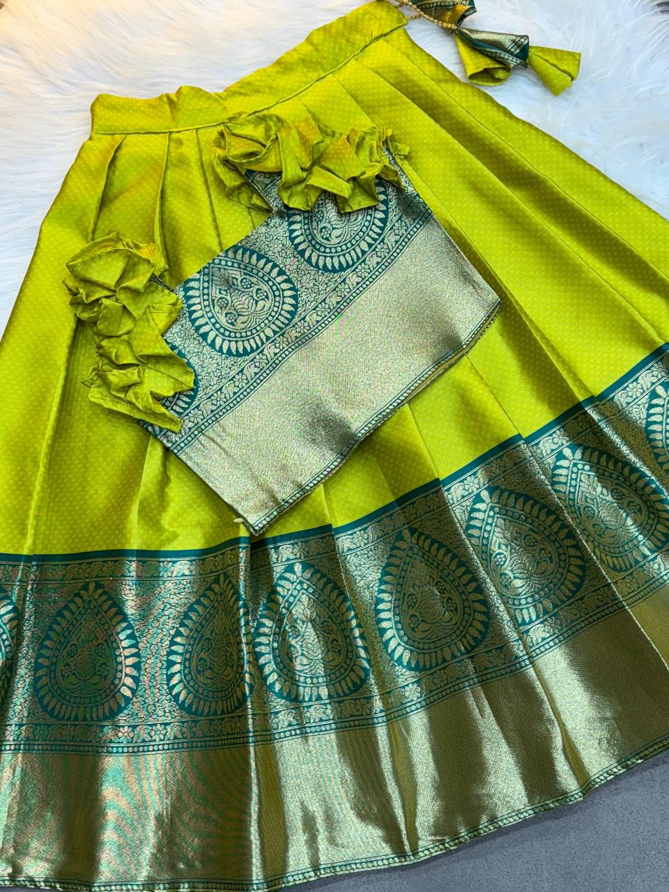Lime Glow Kanchipuram Kids Pattu Lehenga Set