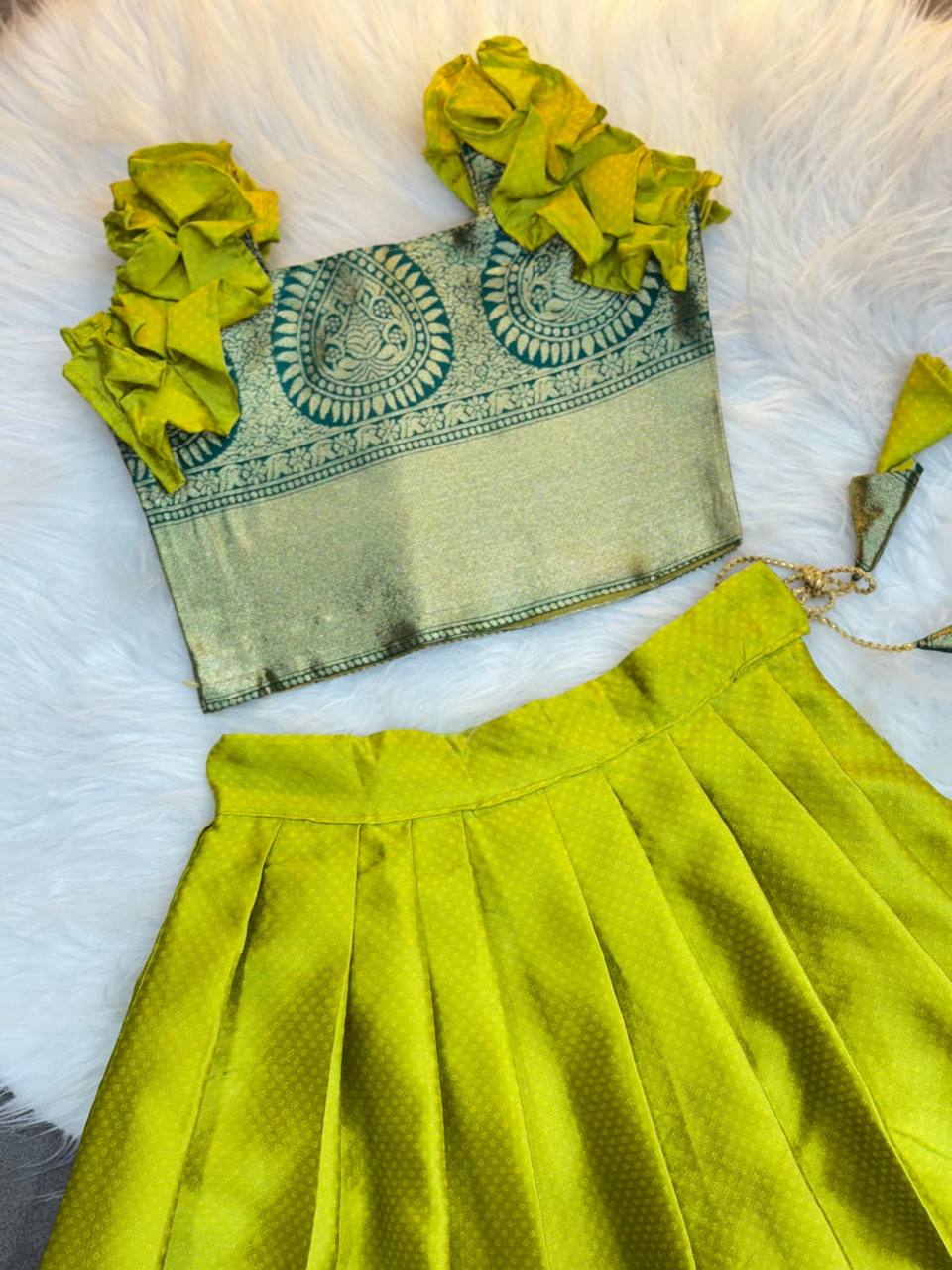 Lime Glow Kanchipuram Kids Pattu Lehenga Set