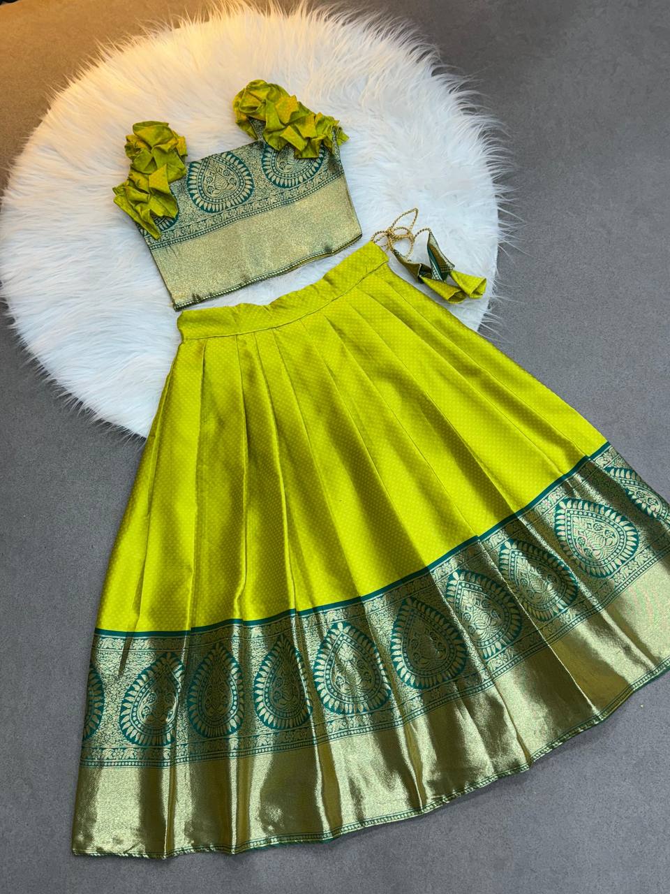 Lime Glow Kanchipuram Kids Pattu Lehenga Set