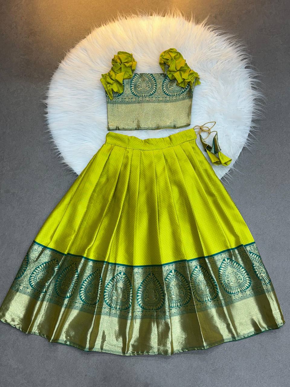 Lime Glow Kanchipuram Kids Pattu Lehenga Set
