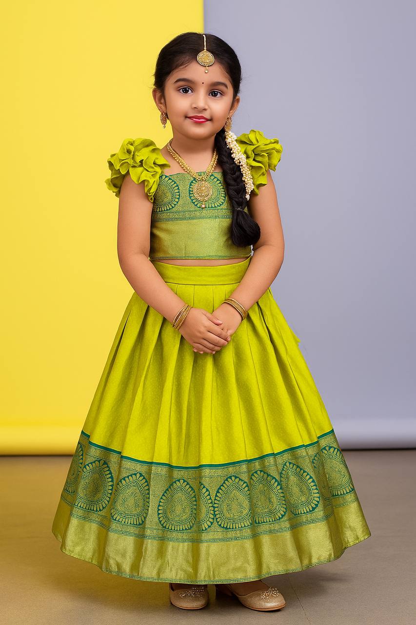 Lime Glow Kanchipuram Kids Pattu Lehenga Set