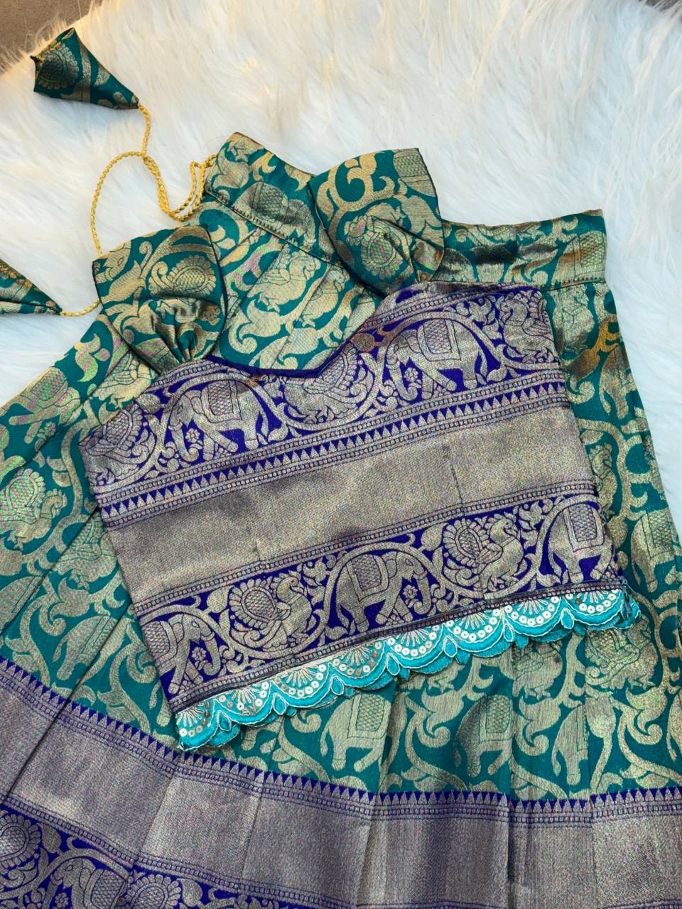 Kids Traditional Banarasi Silk Lehenga Choli – Emerald Peacock Edition