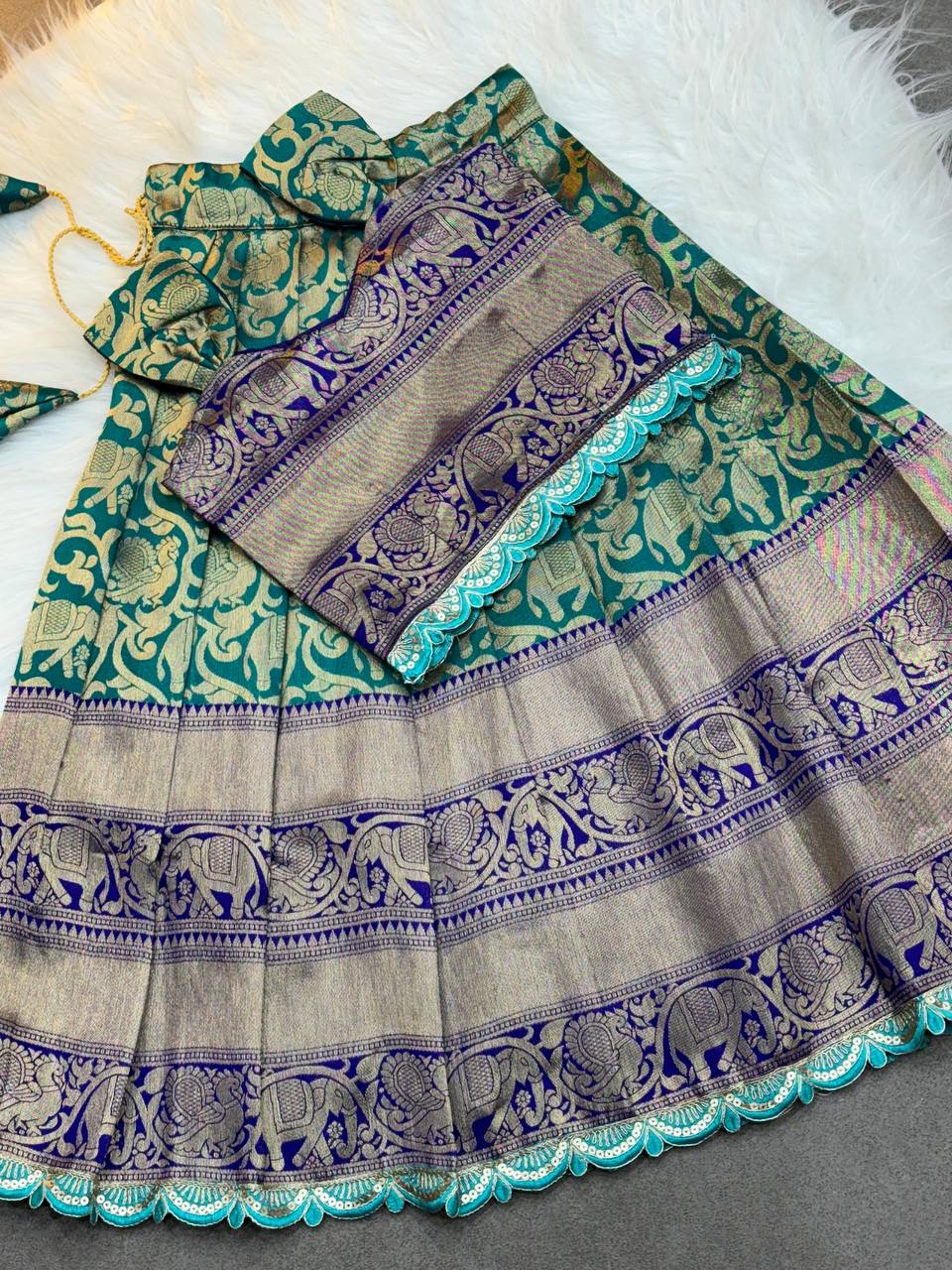 Kids Traditional Banarasi Silk Lehenga Choli – Emerald Peacock Edition