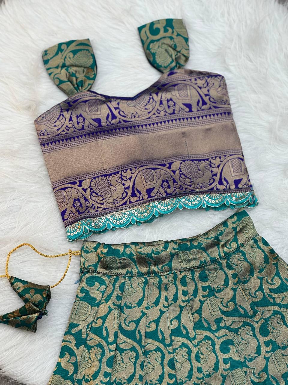 Kids Traditional Banarasi Silk Lehenga Choli – Emerald Peacock Edition