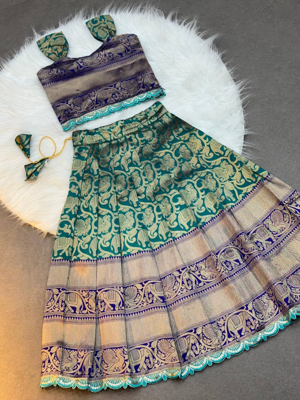 Kids Traditional Banarasi Silk Lehenga Choli – Emerald Peacock Edition
