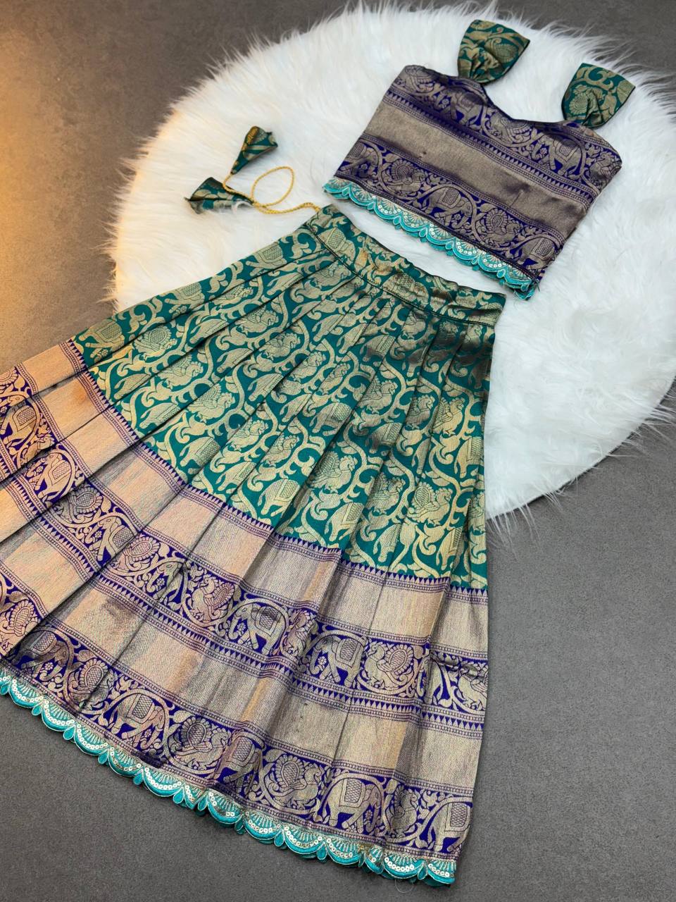 Kids Traditional Banarasi Silk Lehenga Choli – Emerald Peacock Edition