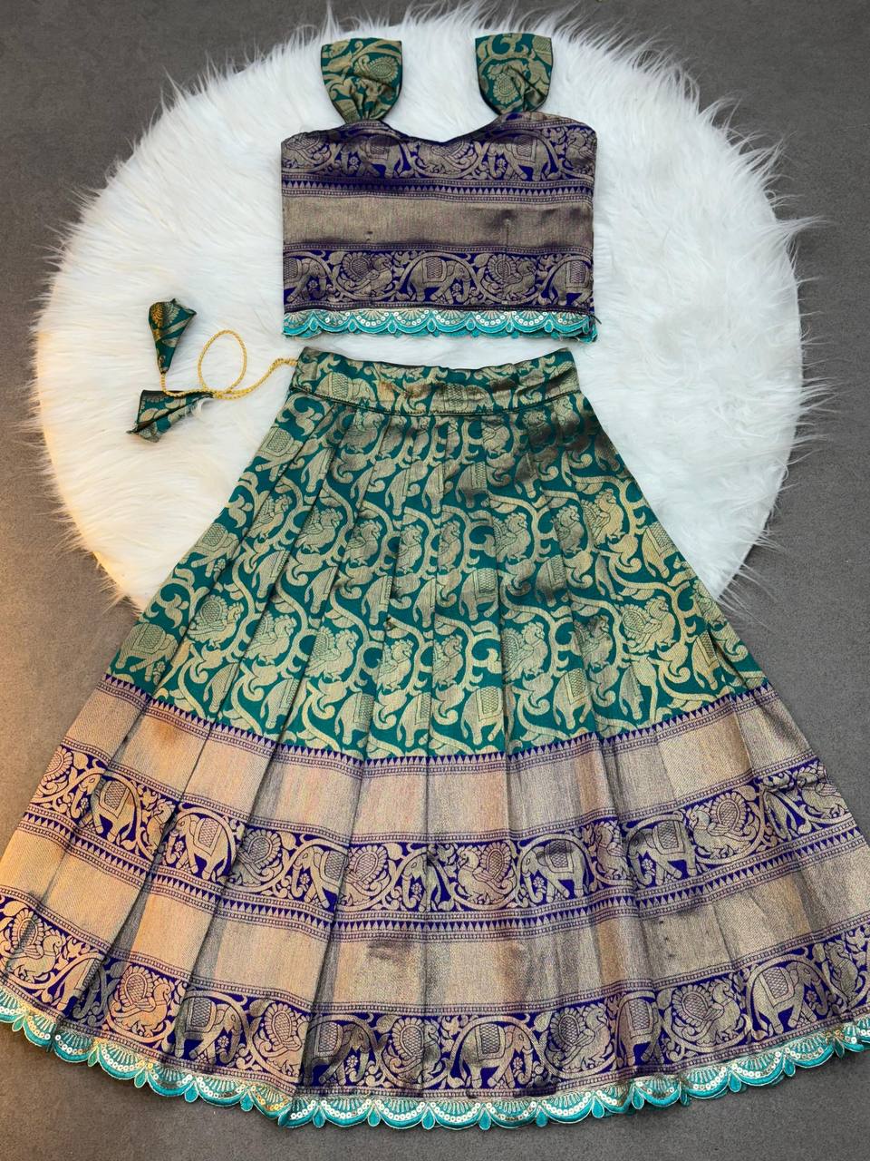 Kids Traditional Banarasi Silk Lehenga Choli – Emerald Peacock Edition