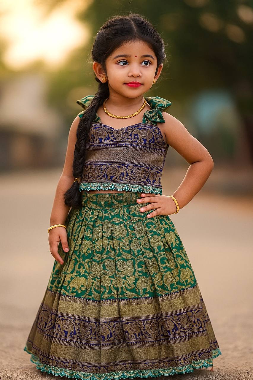Kids Traditional Banarasi Silk Lehenga Choli – Emerald Peacock Edition