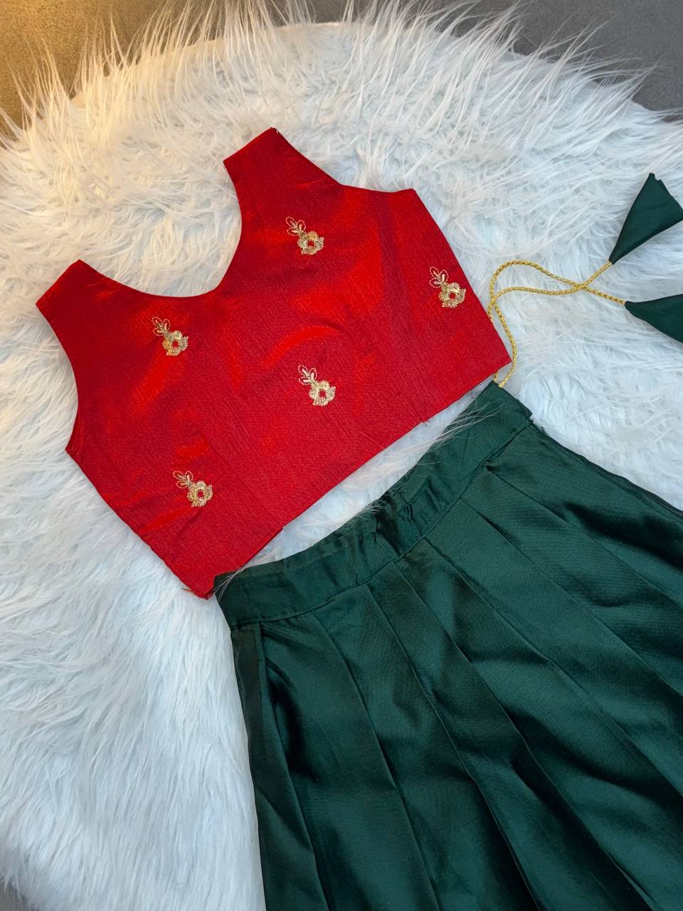 Kids Traditional Pattu Lehenga – Red Blouse & Dark Green Zari Border Skirt