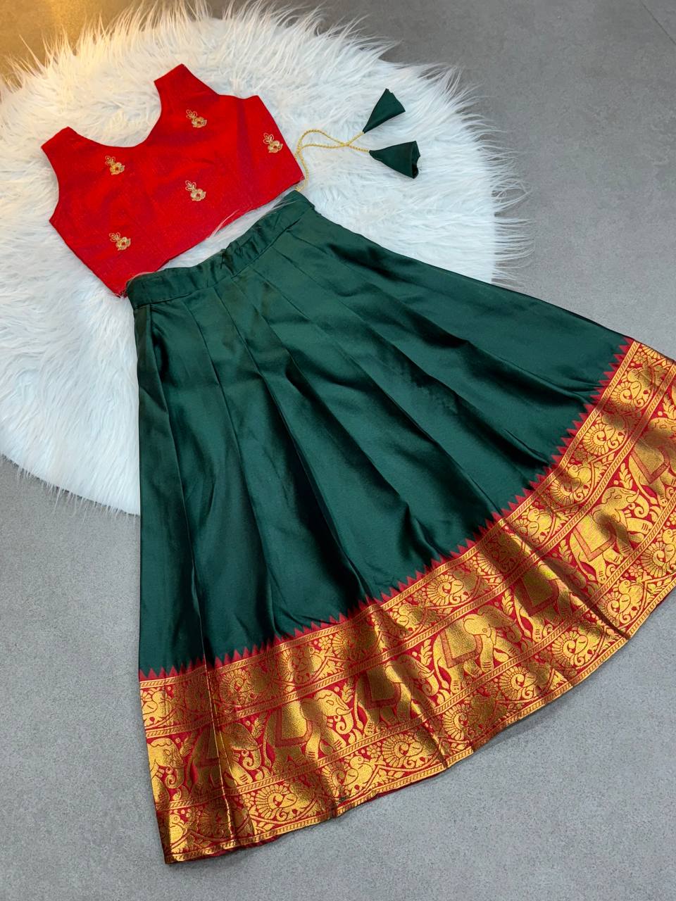 Kids Traditional Pattu Lehenga – Red Blouse & Dark Green Zari Border Skirt