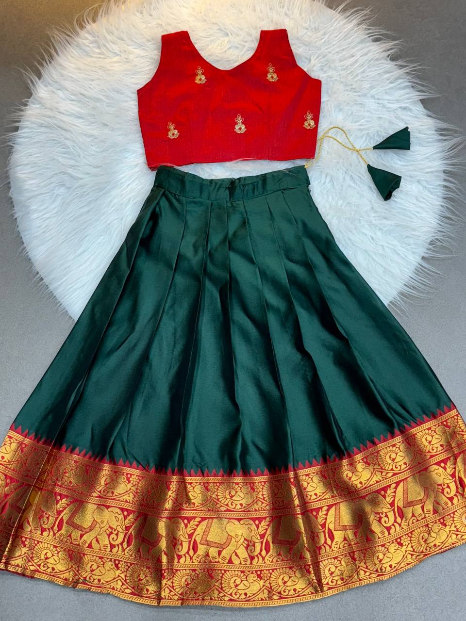 Kids Traditional Pattu Lehenga – Red Blouse & Dark Green Zari Border Skirt