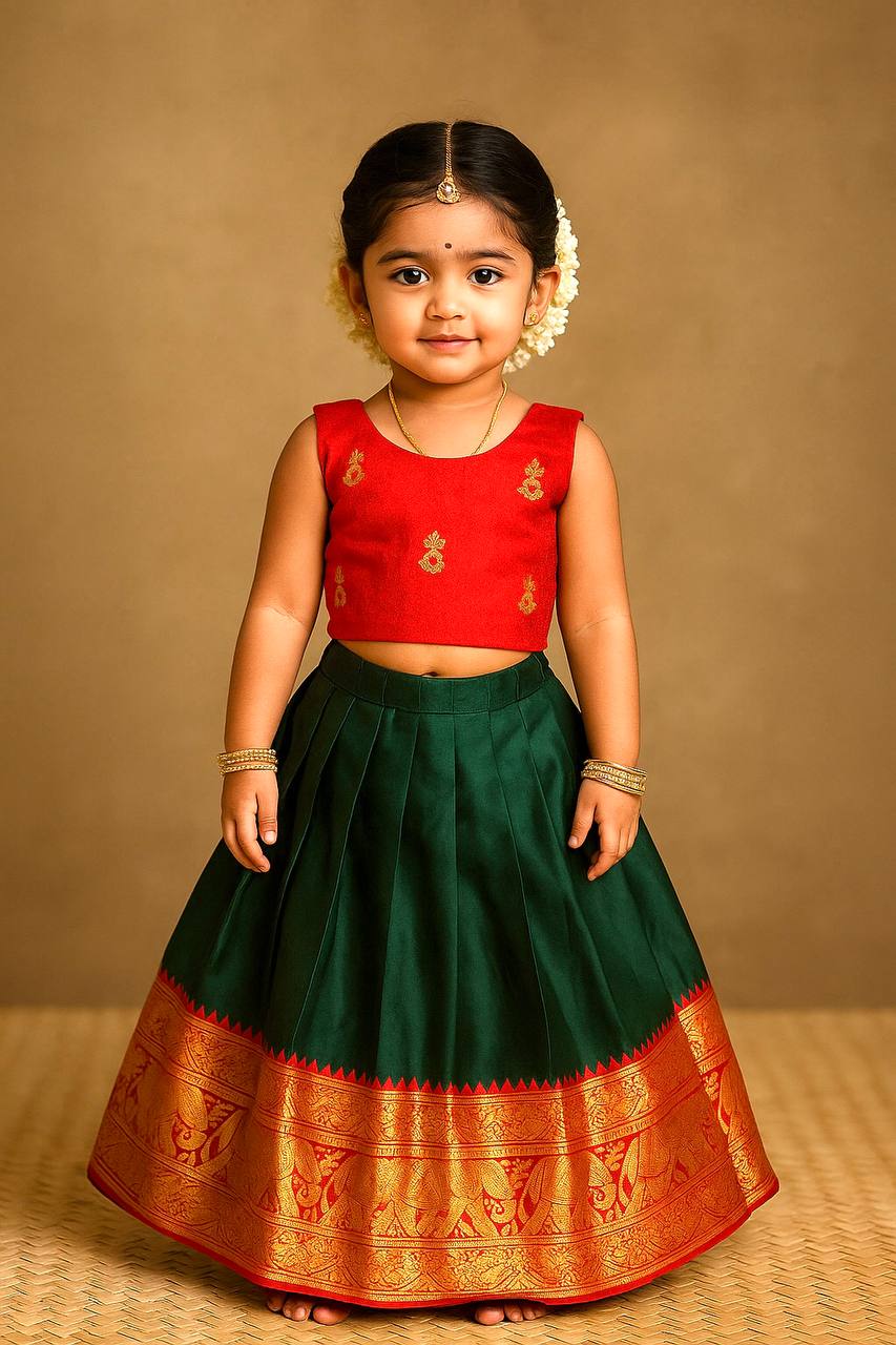 Kids Traditional Pattu Lehenga – Red Blouse & Dark Green Zari Border Skirt
