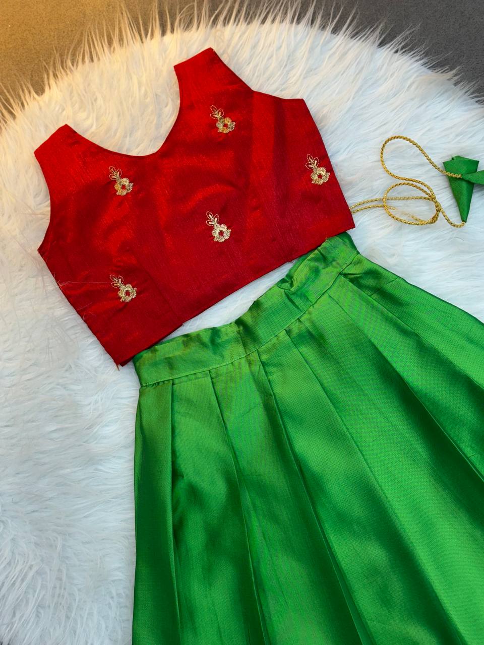 Kids Traditional Pattu Langa – Red Embroidered Blouse & Green Silk Skirt Set