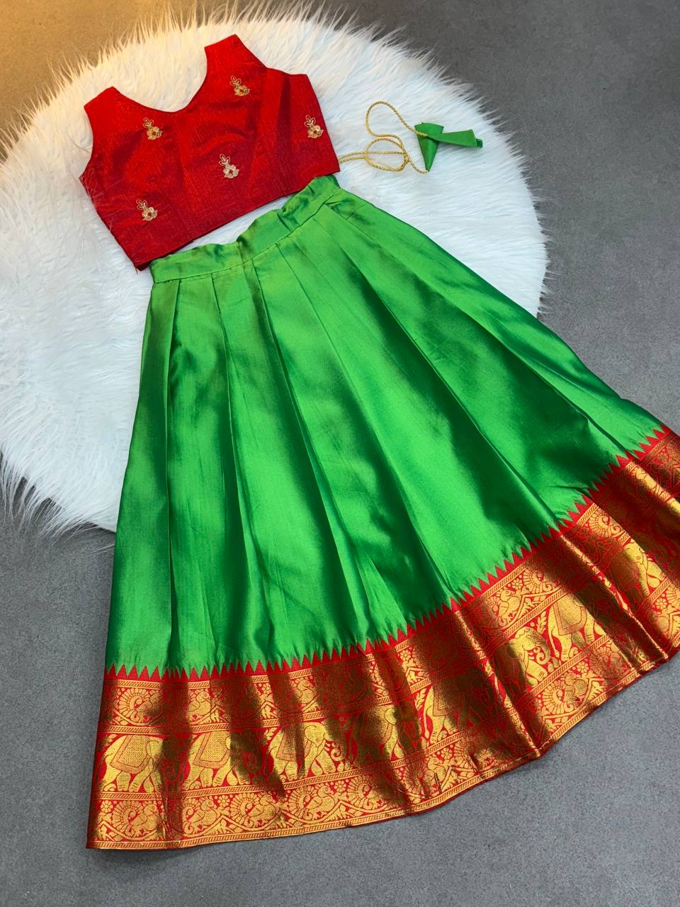 Kids Traditional Pattu Langa – Red Embroidered Blouse & Green Silk Skirt Set