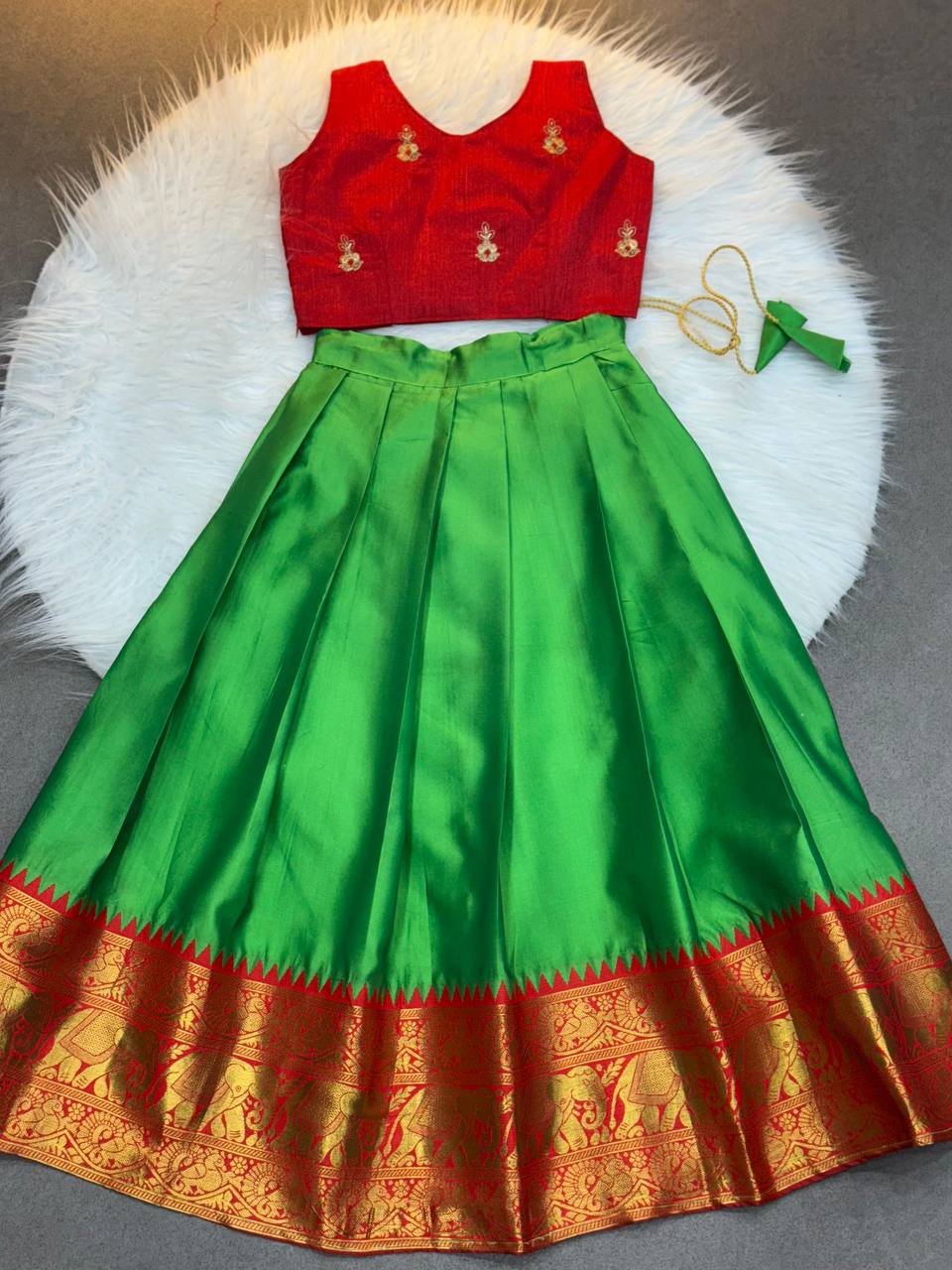 Kids Traditional Pattu Langa – Red Embroidered Blouse & Green Silk Skirt Set