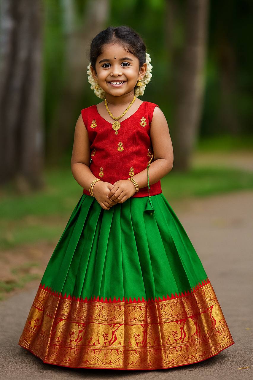 Kids Traditional Pattu Langa – Red Embroidered Blouse & Green Silk Skirt Set