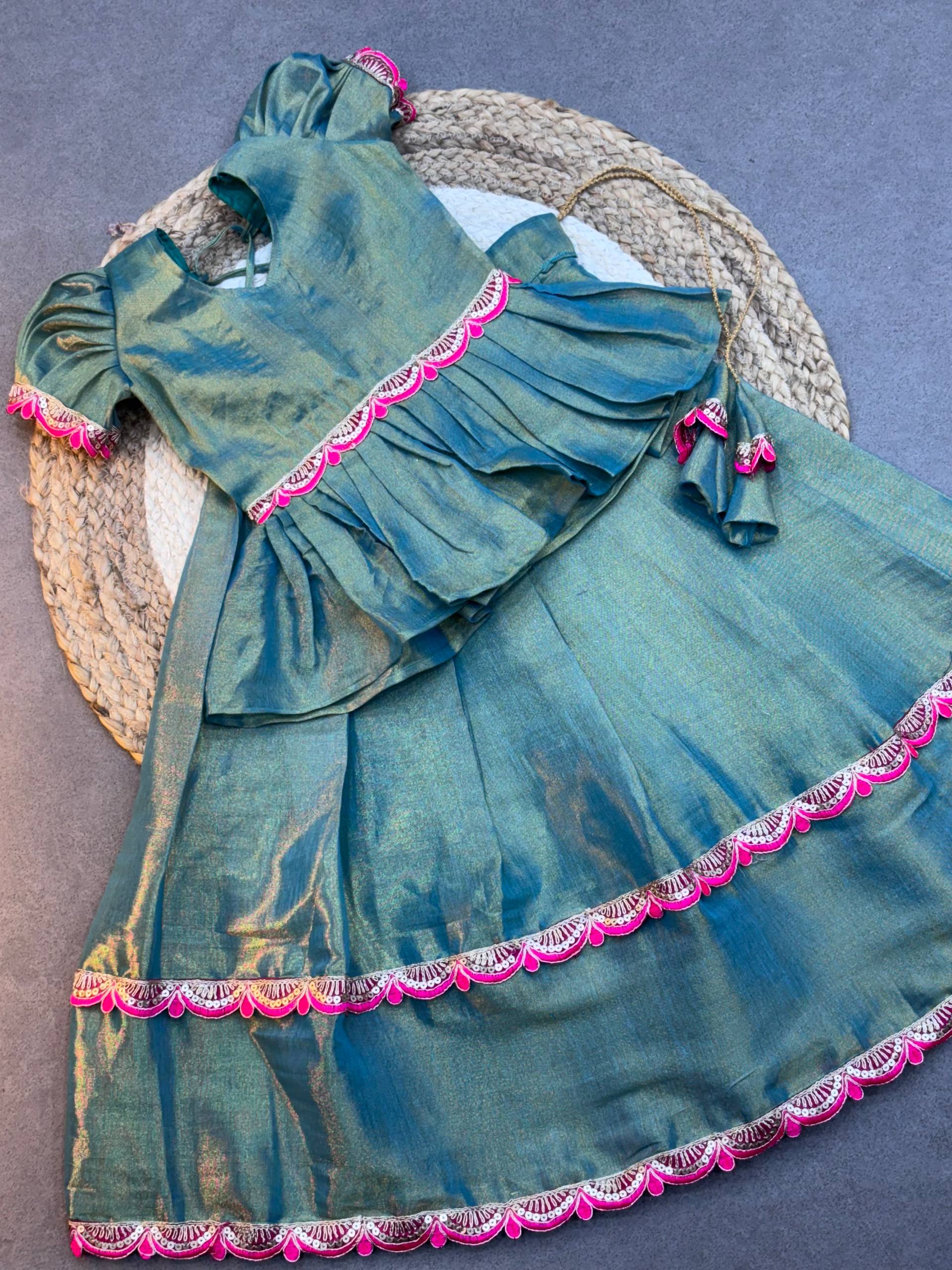 Emerald Peplum Silk Pattu Langa for Little Girls